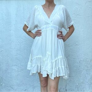 Chic Me White V Neck Short Sleeve Ruffled Hem Short A Line Dress Ribbon Tie!